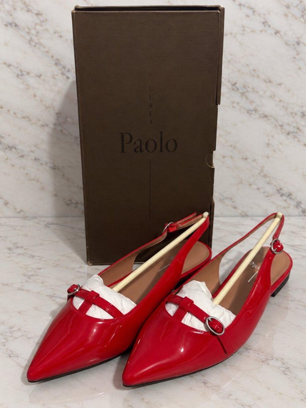 Linea Paolo Red Patent Pointed Toe Slingback Flats